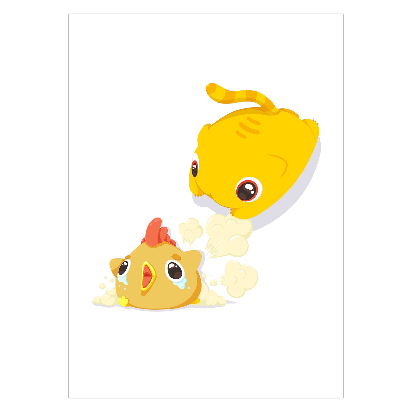Cute print of anime cat and chicken drawn in a kawaii art style