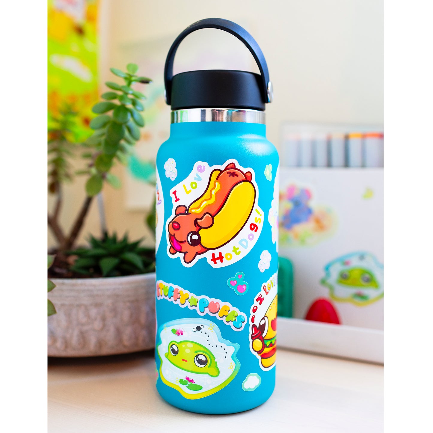 Hot dog sticker on water bottle