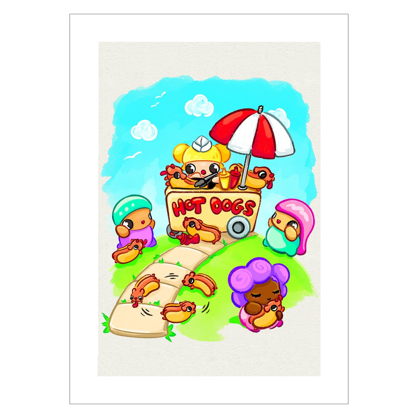Cute print of kawaii anime characters at a hot dog stand