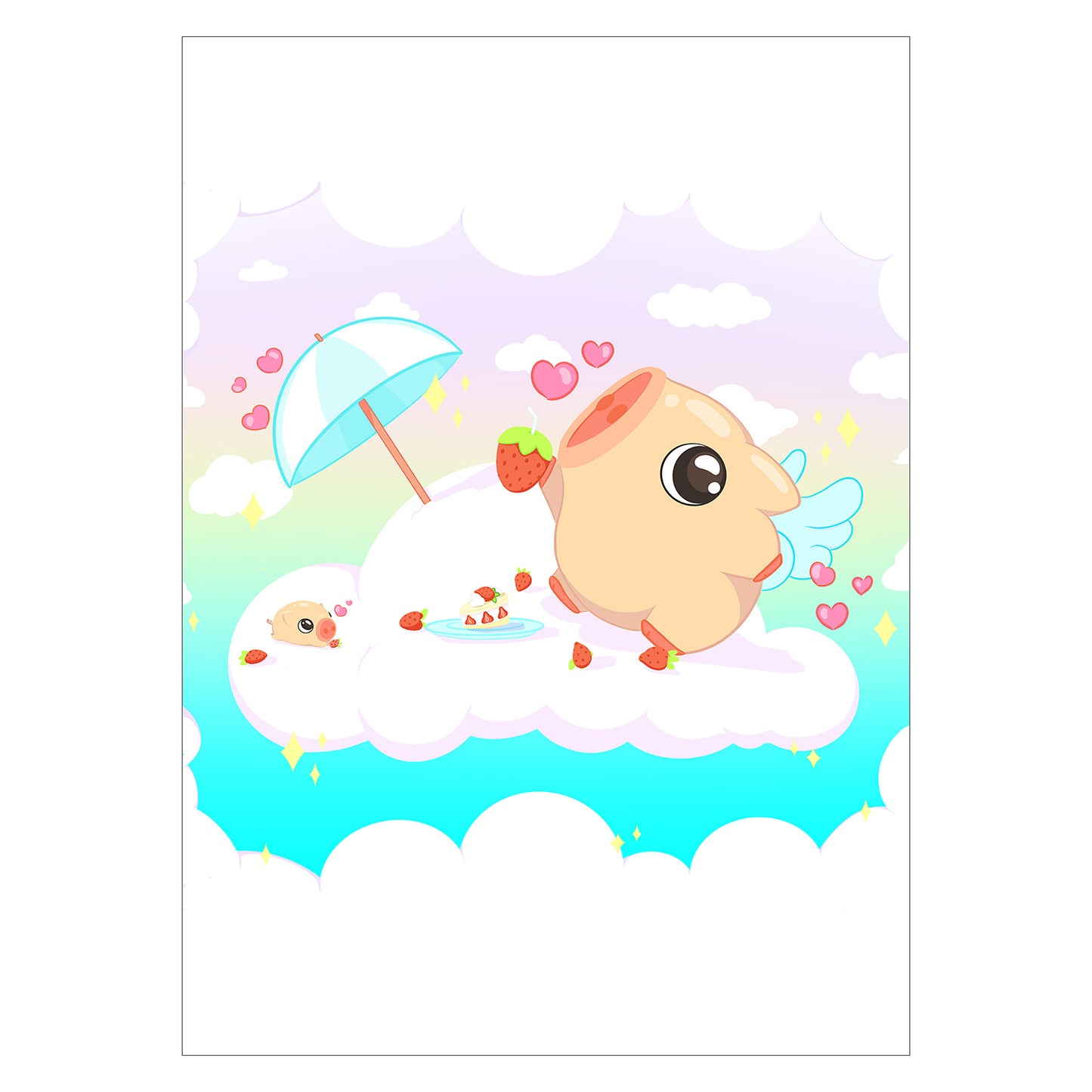 Cute print for Valentine's Day of anime piggy on a cloud eating cake drawn in a kawaii art style