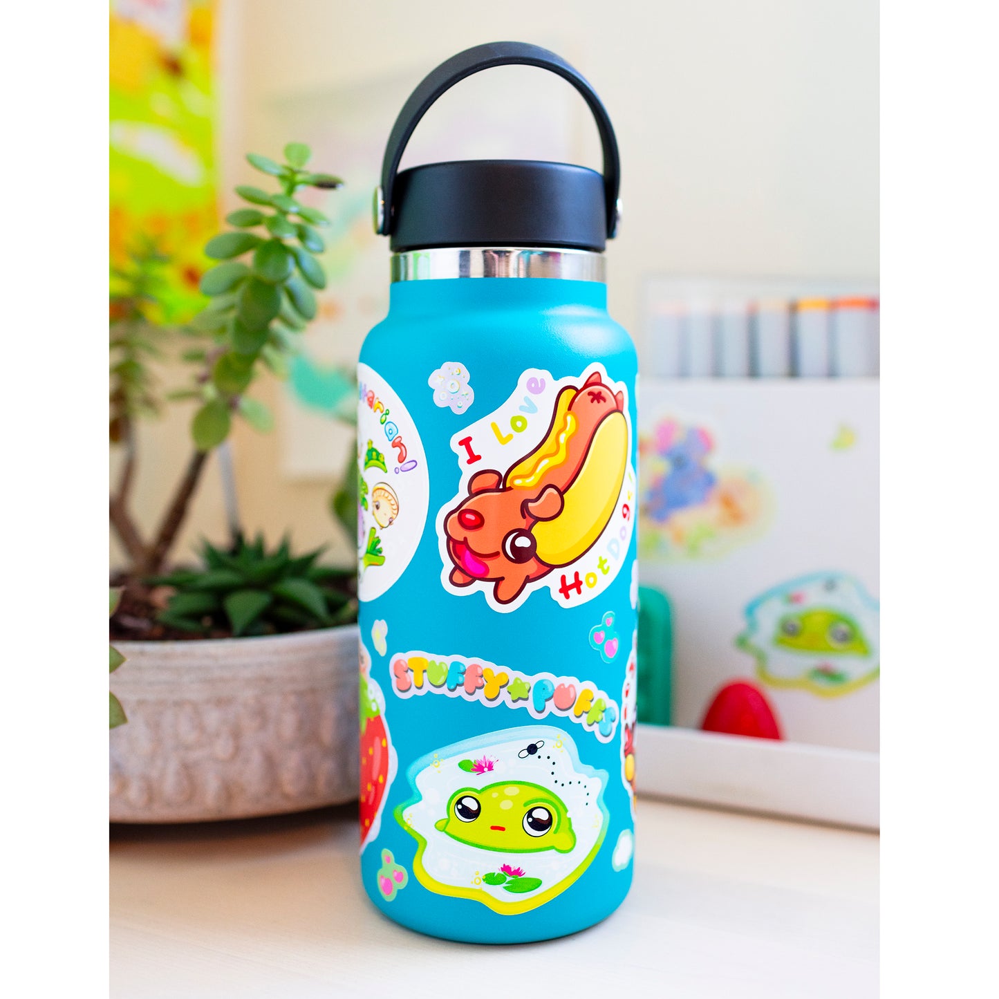 Kawaii frog sticker on water bottle