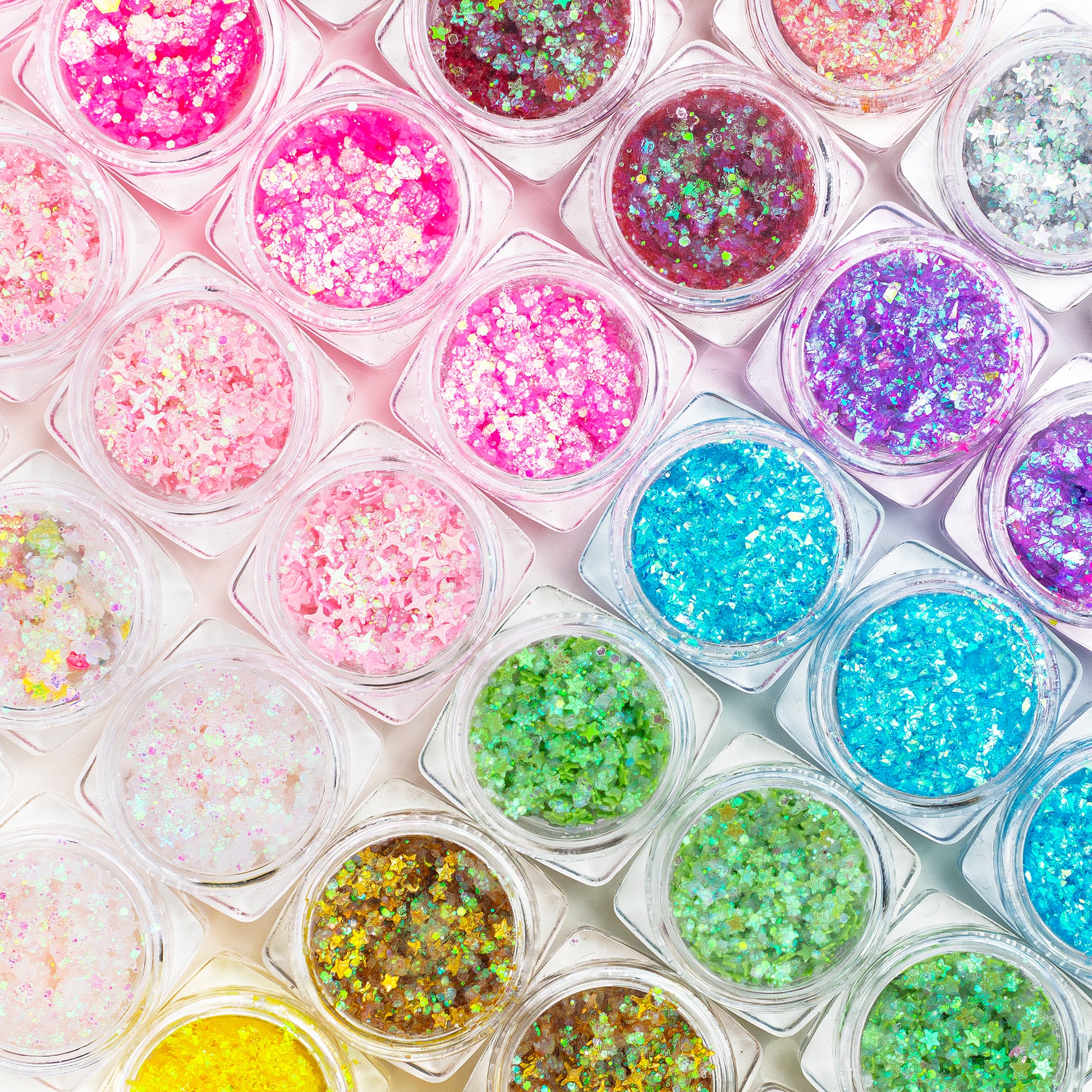 cute body glitter gel arranged to show all colors at a diagonal angle