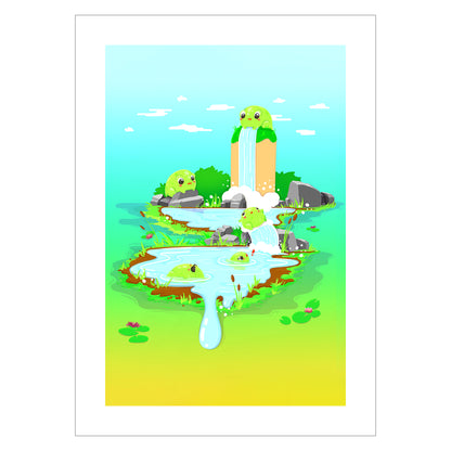 Cute print of kawaii frogs swimming in a pond