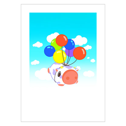 Cute print of anime cow floating in the sky with rainbow balloons