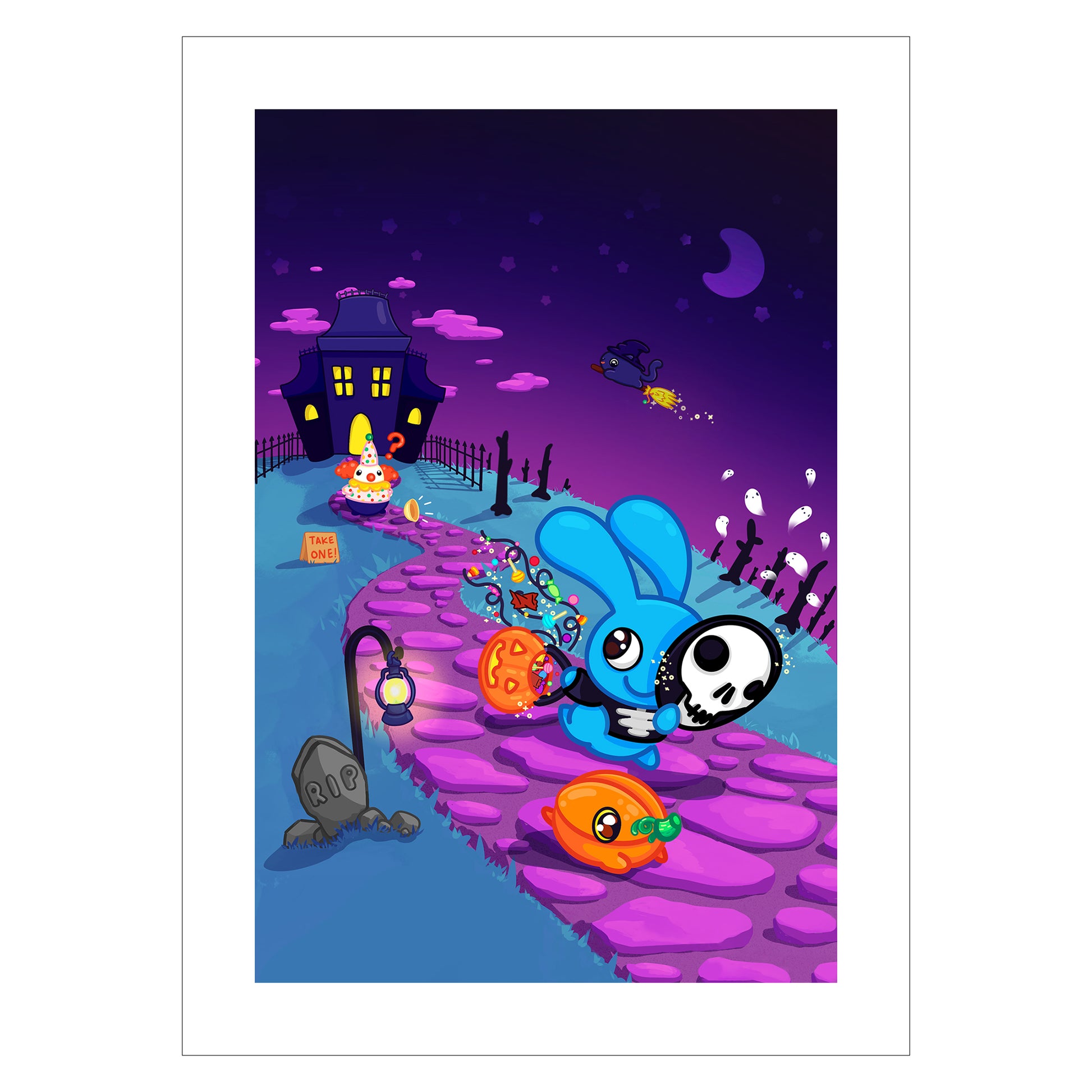 Cute prints with kawaii art of halloween trick or treaters in an anime style