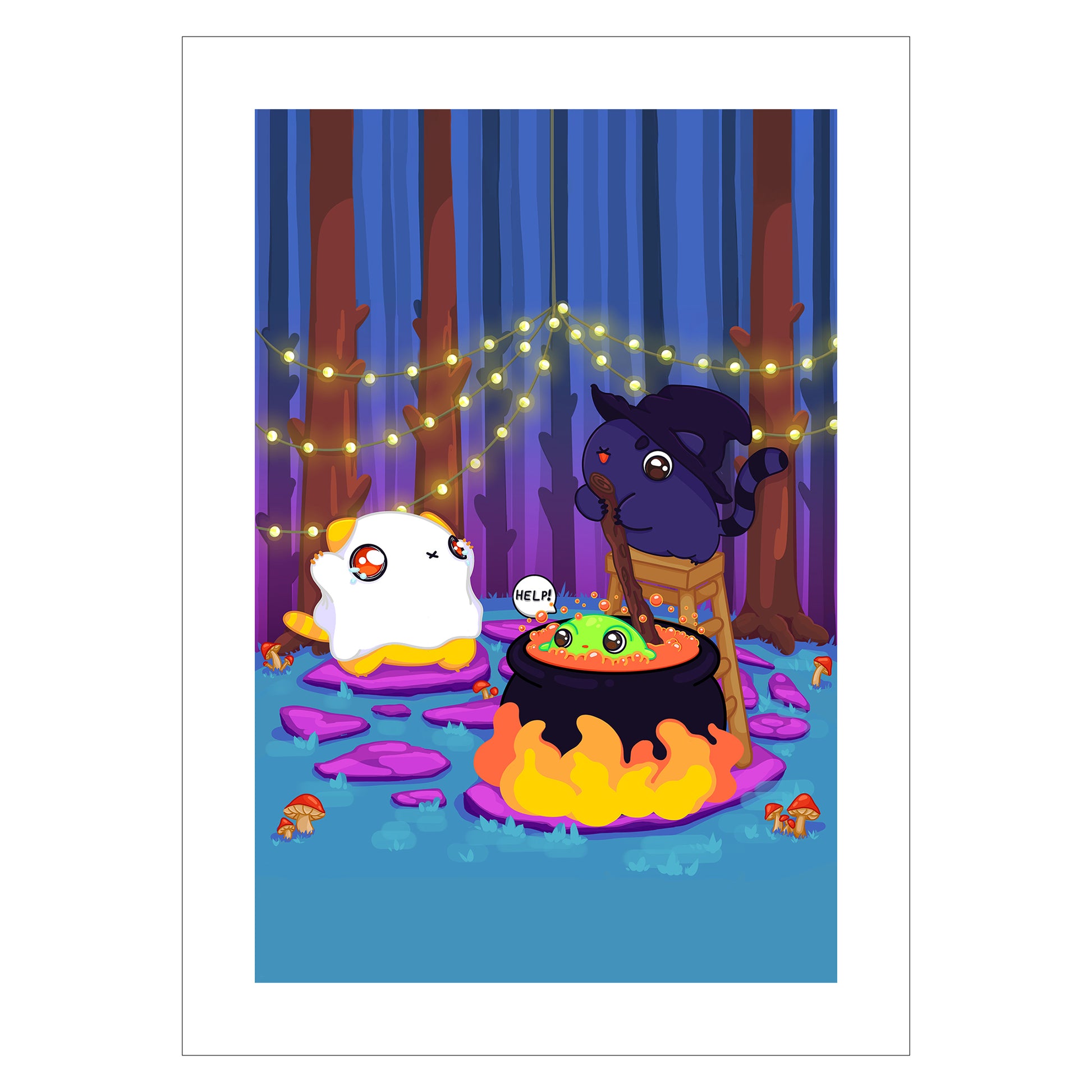 kawaii art for halloween of a kitties in ghost and witch costumes boiling a frog drawn in a kawaii style