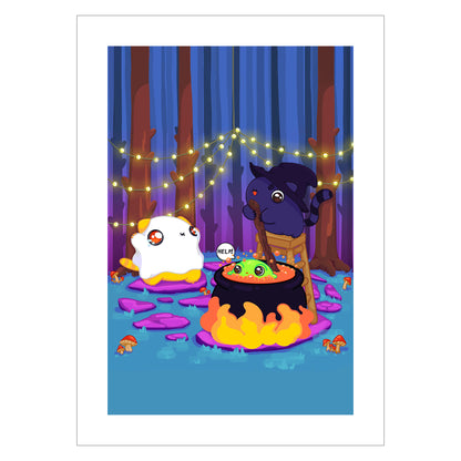 kawaii art for halloween of a kitties in ghost and witch costumes boiling a frog drawn in a kawaii style