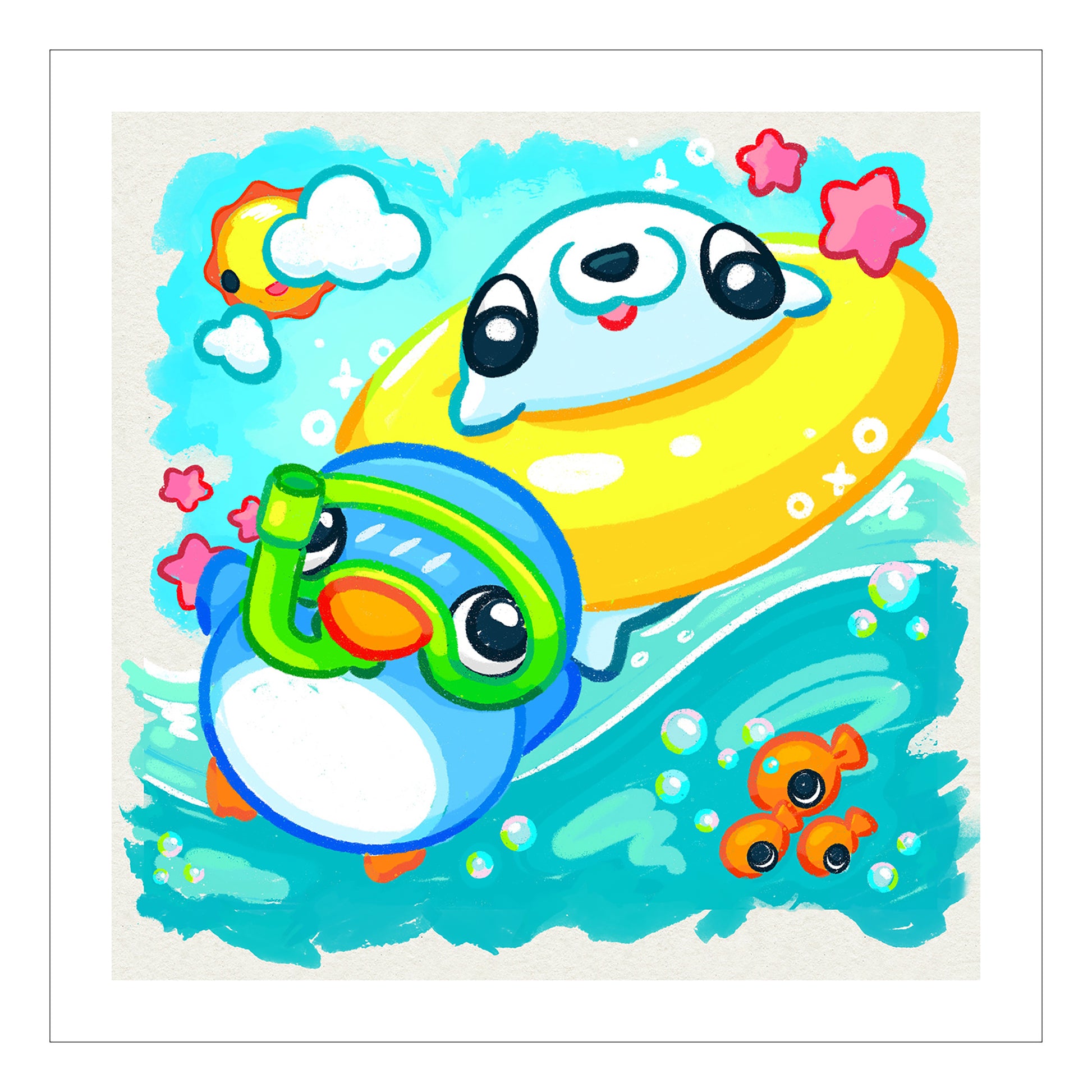Kawaii art of anime penguin and seal swimming in the ocean as a cute print