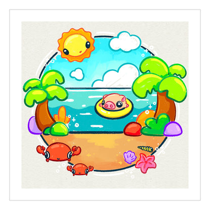 Cute print of anime piggy in the ocean drawn in a kawaii art style