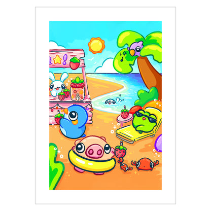 Cute print of kawaii animal characters on a beach