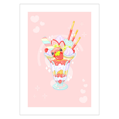 Kawaii art print of an anime piggy inside a sundae