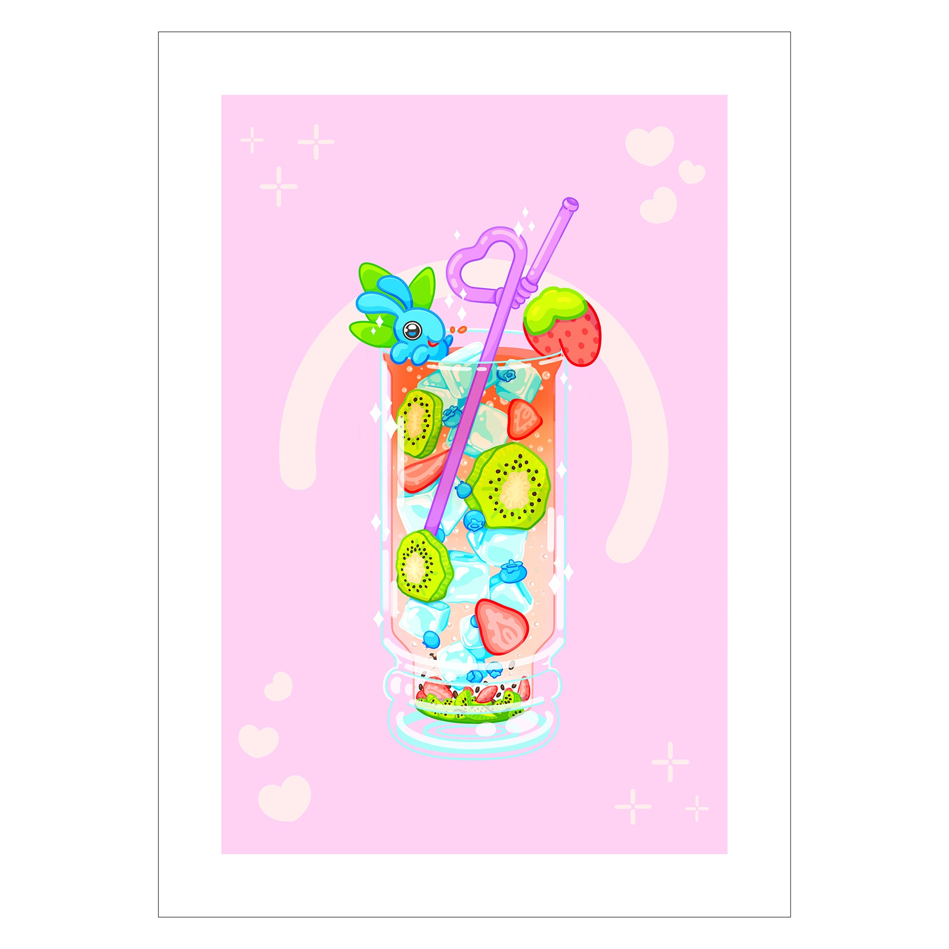 Kawaii art print of an anime bunny in a soda drink