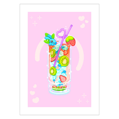 Kawaii art print of an anime bunny in a soda drink