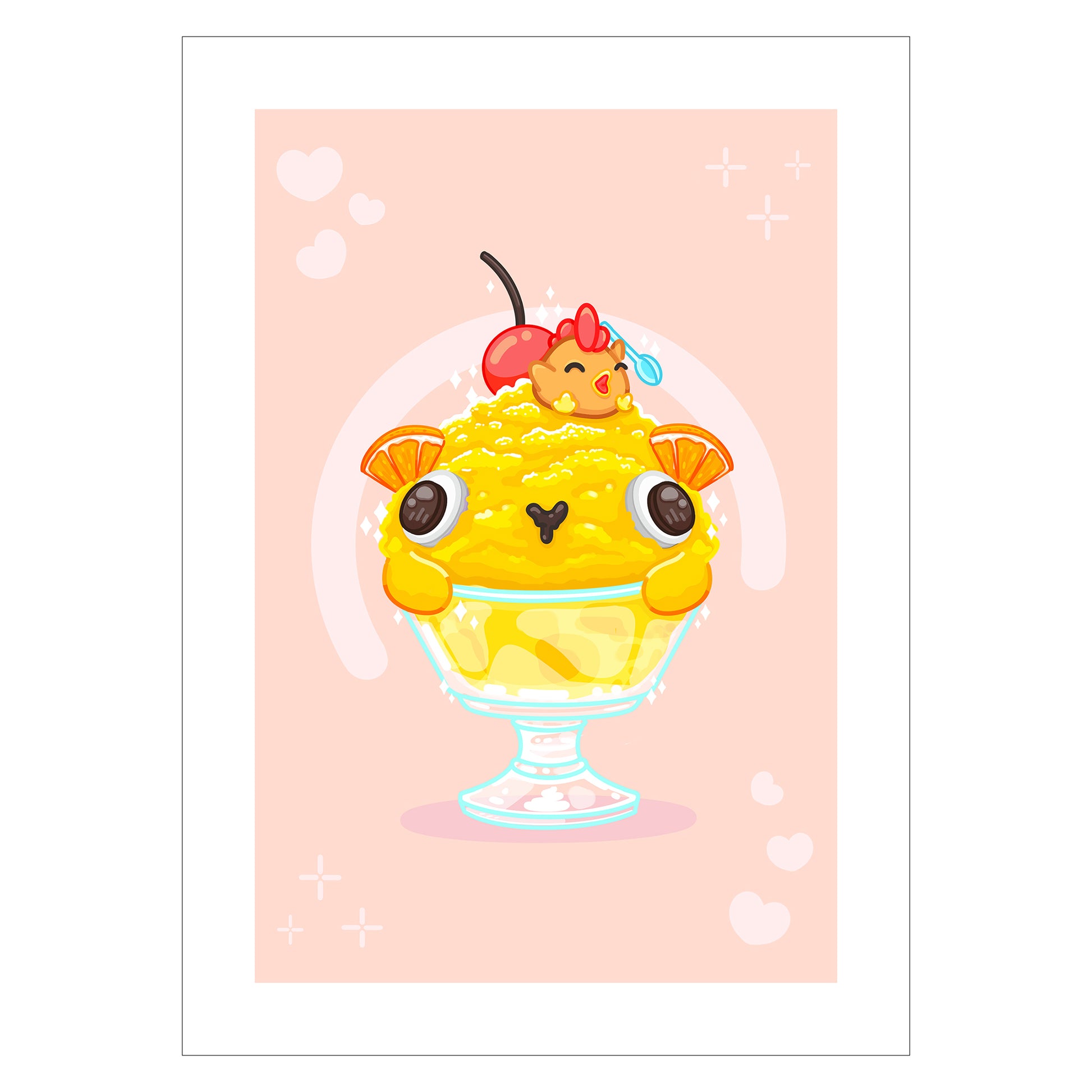Cute print of anime chicken on a snow cone drawn in a kawaii art style