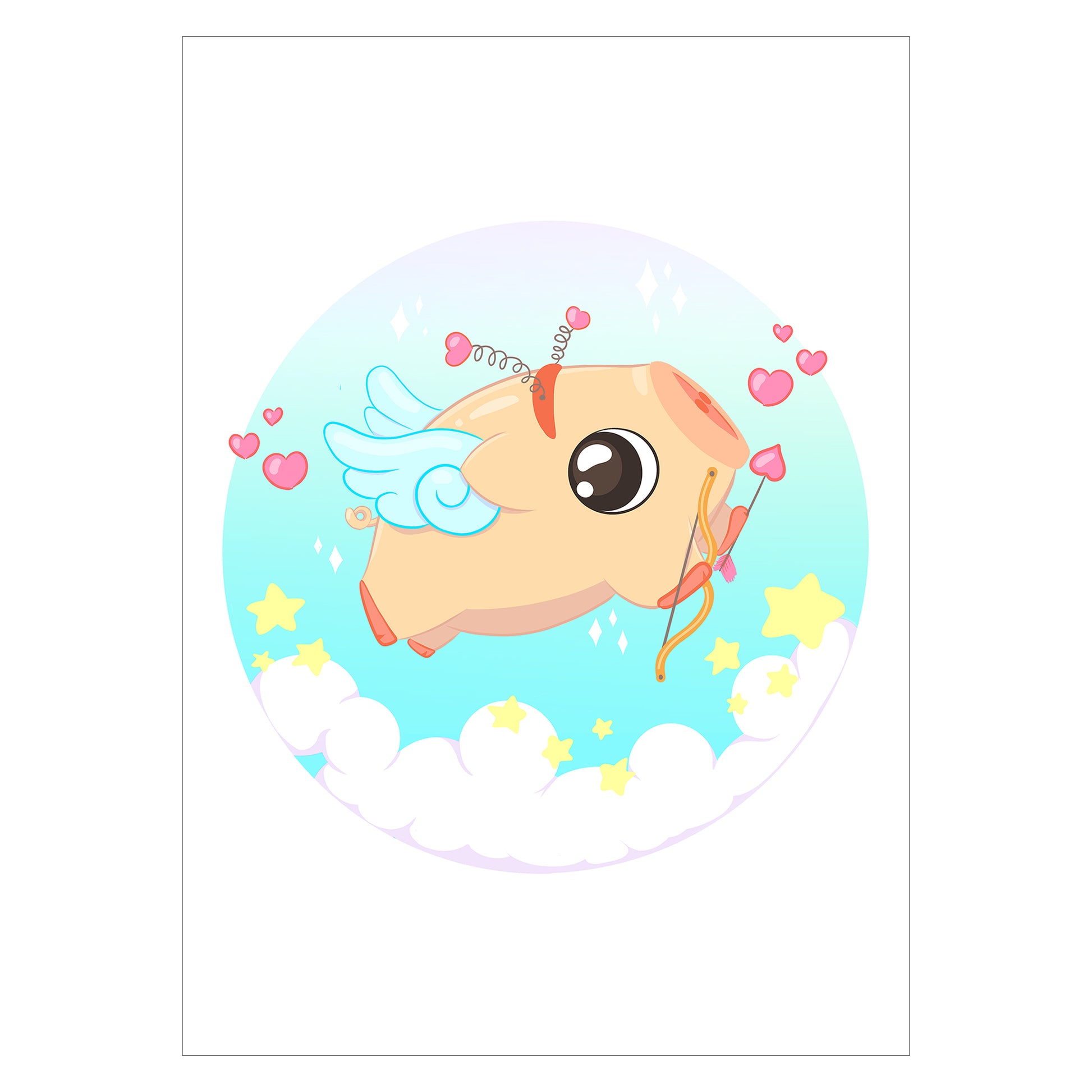 Cute print for Valentine's Day of anime piggy in cupid outfit drawn in a kawaii art style